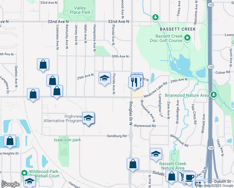 map of restaurants, bars, coffee shops, grocery stores, and more near 6320 Medicine Lake Road in Crystal