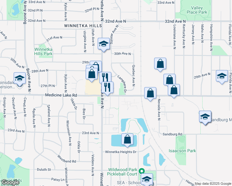 map of restaurants, bars, coffee shops, grocery stores, and more near 7700 Medicine Lake Road in New Hope