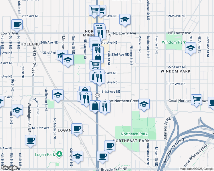 map of restaurants, bars, coffee shops, grocery stores, and more near 1846 Polk Street Northeast in Minneapolis