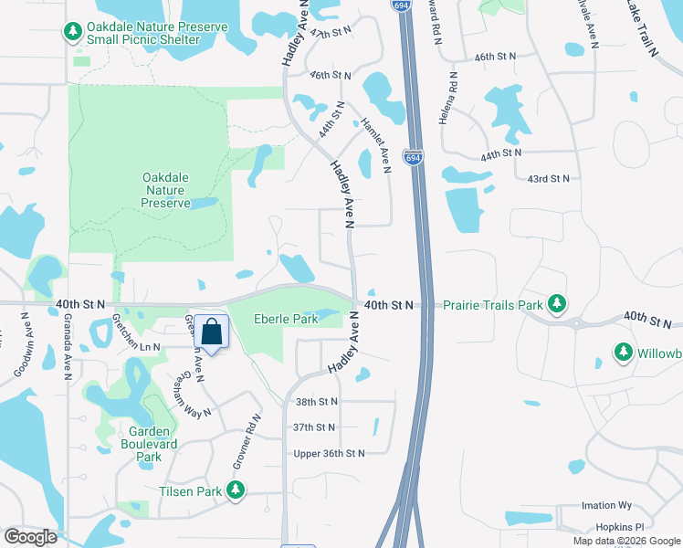 map of restaurants, bars, coffee shops, grocery stores, and more near 7096 40th Street North in Oakdale
