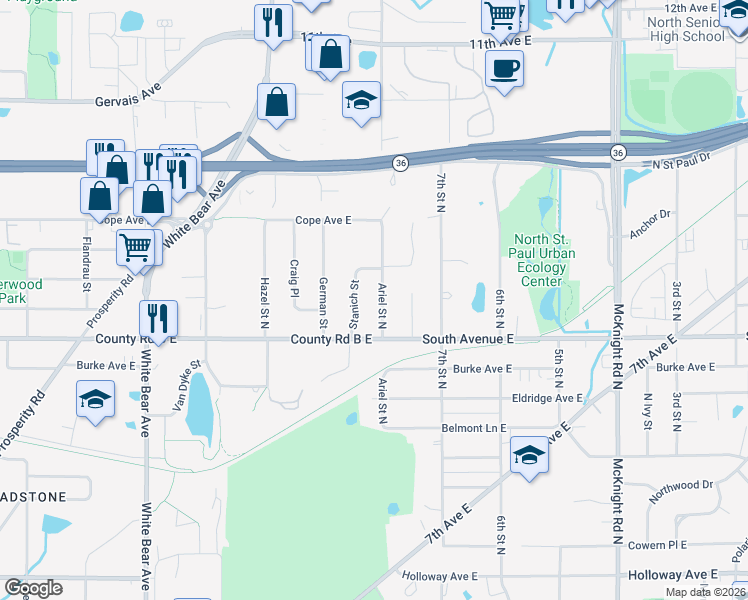 map of restaurants, bars, coffee shops, grocery stores, and more near 2206 Ariel Street in North Saint Paul