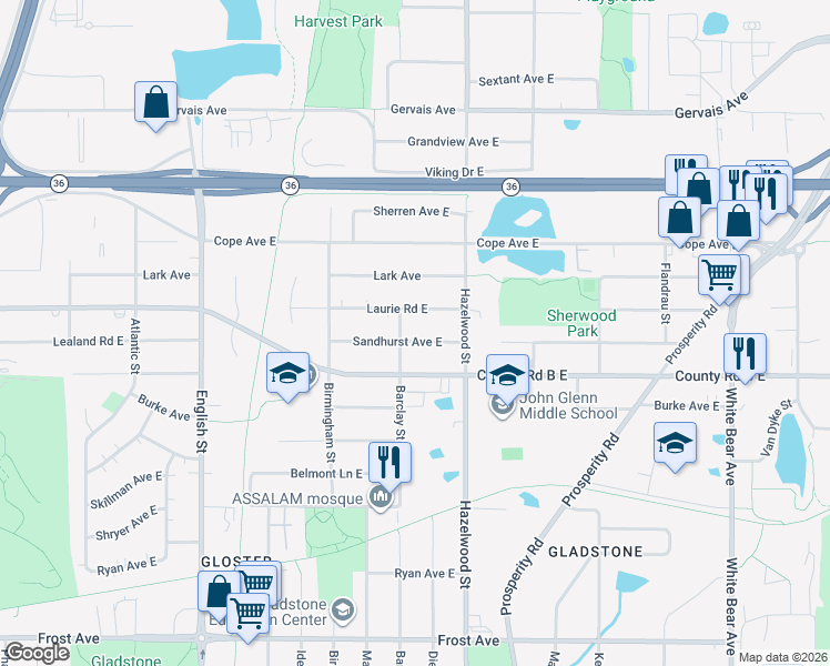 map of restaurants, bars, coffee shops, grocery stores, and more near 1495 Sandhurst Avenue East in Maplewood