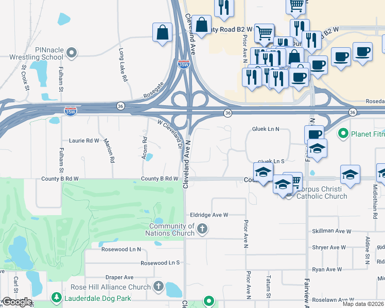 map of restaurants, bars, coffee shops, grocery stores, and more near 2210 Midland Grove Road in Roseville