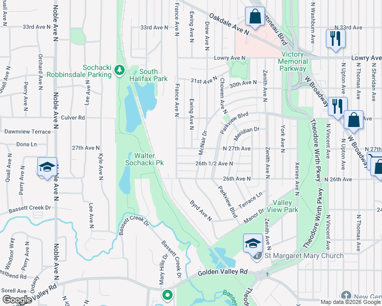 map of restaurants, bars, coffee shops, grocery stores, and more near 3719 McNair Drive in Robbinsdale