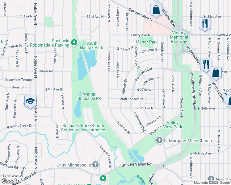 map of restaurants, bars, coffee shops, grocery stores, and more near 3719 McNair Drive in Robbinsdale