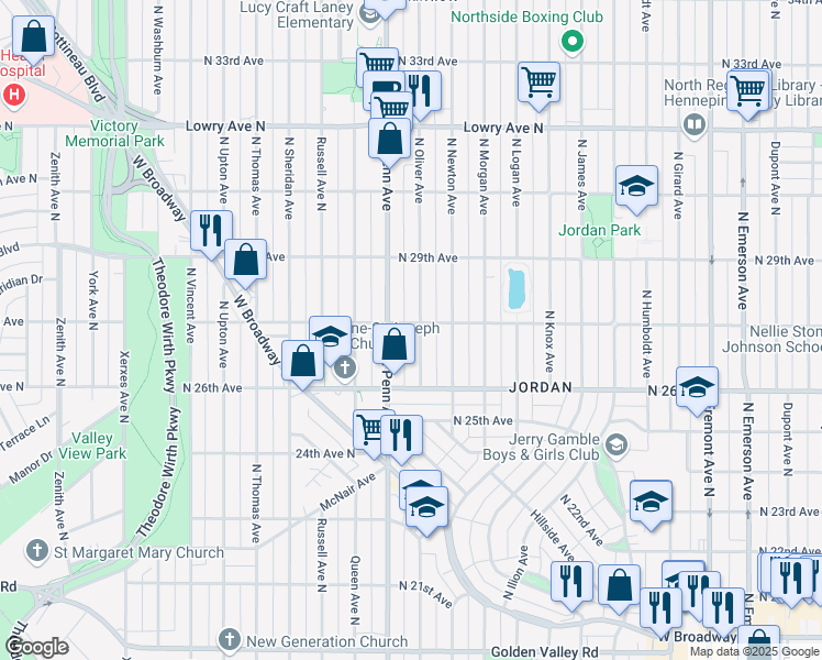 map of restaurants, bars, coffee shops, grocery stores, and more near 2655 North Oliver Avenue in Minneapolis