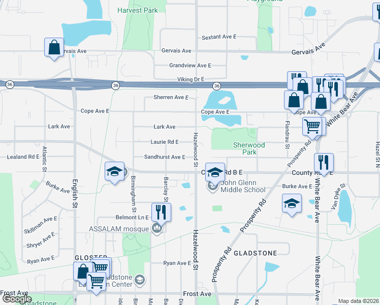 map of restaurants, bars, coffee shops, grocery stores, and more near 2199 Hazelwood Street in Saint Paul