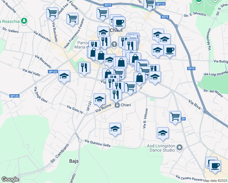 map of restaurants, bars, coffee shops, grocery stores, and more near 7 Via Martiri della Libertà in Chieri