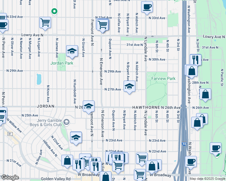 map of restaurants, bars, coffee shops, grocery stores, and more near 2654 Dupont Avenue North in Minneapolis