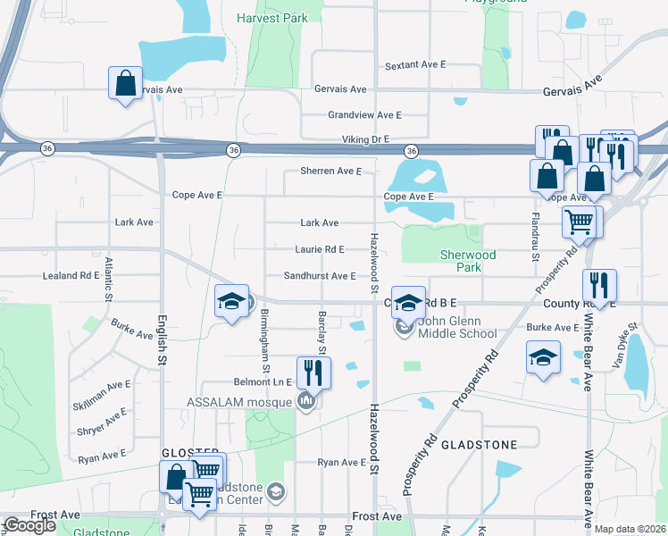 map of restaurants, bars, coffee shops, grocery stores, and more near 1495 Sandhurst Avenue East in Maplewood