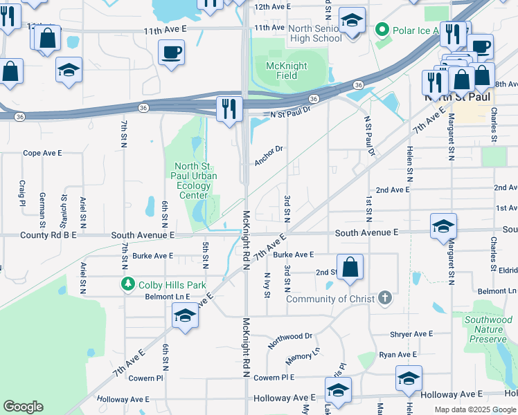 map of restaurants, bars, coffee shops, grocery stores, and more near 2279 Polar Way in Saint Paul