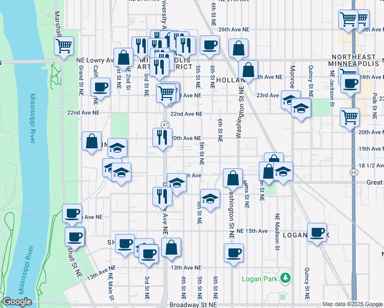 map of restaurants, bars, coffee shops, grocery stores, and more near 413 19th Avenue Northeast in Minneapolis