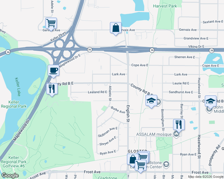 map of restaurants, bars, coffee shops, grocery stores, and more near 1247 Lealand Road East in Saint Paul
