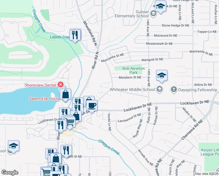 map of restaurants, bars, coffee shops, grocery stores, and more near 5925 Trail Avenue Northeast in Keizer