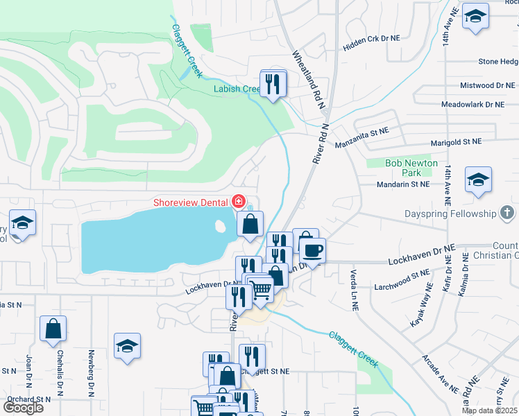 map of restaurants, bars, coffee shops, grocery stores, and more near 5945 Inland Shores Way North in Keizer