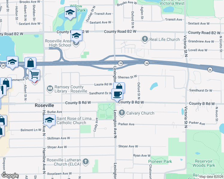 map of restaurants, bars, coffee shops, grocery stores, and more near 2201 Lexington Avenue North in Roseville