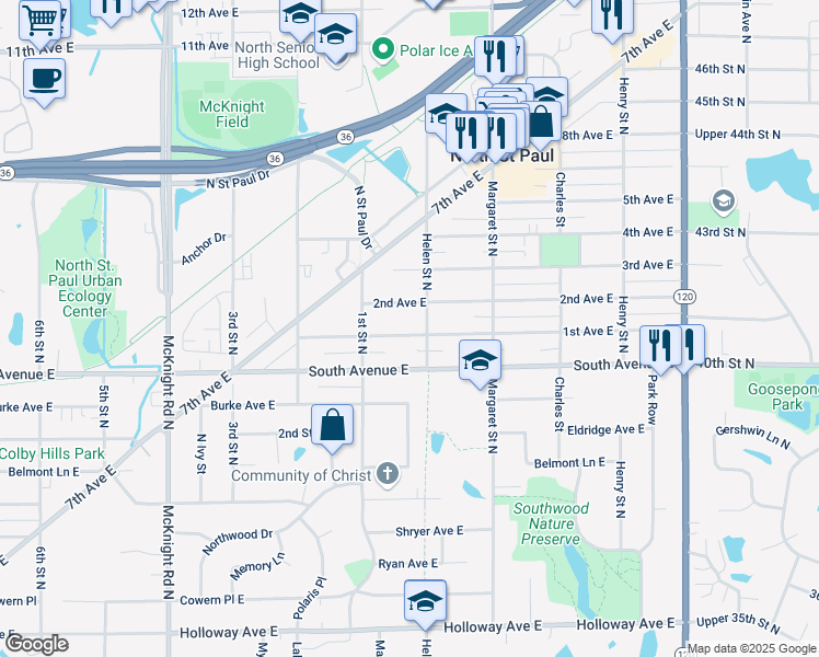map of restaurants, bars, coffee shops, grocery stores, and more near 2487 1st Avenue East in North Saint Paul