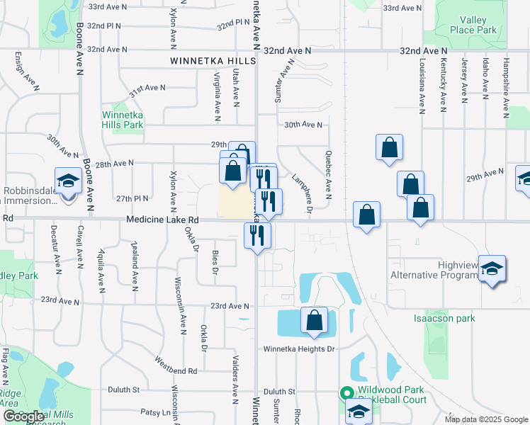 map of restaurants, bars, coffee shops, grocery stores, and more near 7800 Medicine Lake Road in New Hope