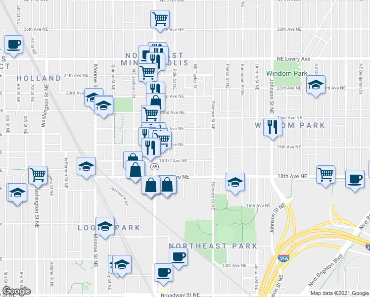 map of restaurants, bars, coffee shops, grocery stores, and more near 1018 19th Avenue Northeast in Minneapolis