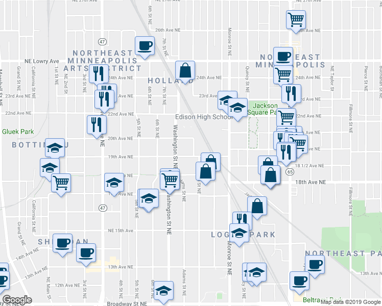 map of restaurants, bars, coffee shops, grocery stores, and more near 654 19th Avenue Northeast in Minneapolis