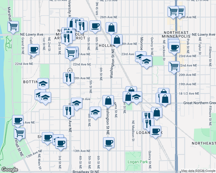 map of restaurants, bars, coffee shops, grocery stores, and more near 609 19th Avenue Northeast in Minneapolis