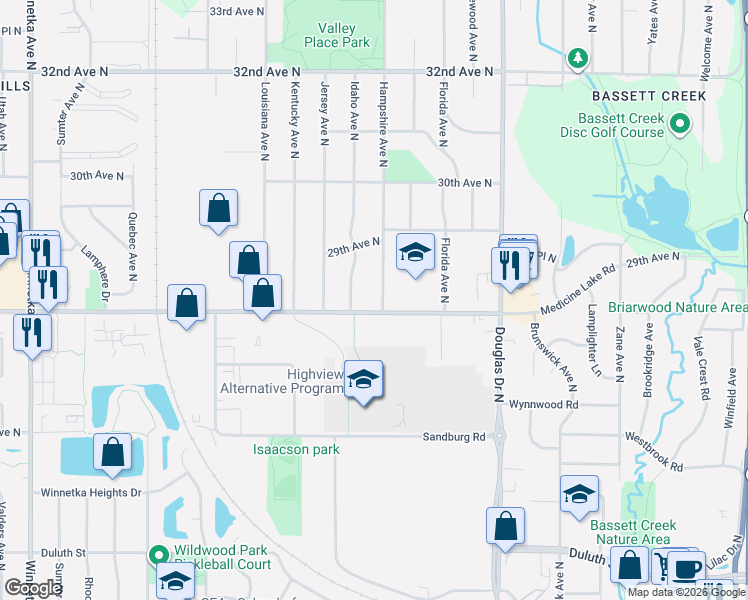 map of restaurants, bars, coffee shops, grocery stores, and more near 2702 Idaho Avenue North in Minneapolis