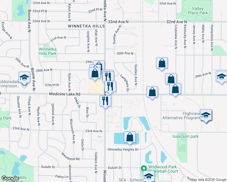 map of restaurants, bars, coffee shops, grocery stores, and more near 7800 Medicine Lake Road in New Hope