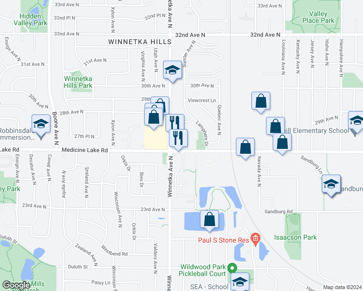map of restaurants, bars, coffee shops, grocery stores, and more near 7800 Medicine Lake Road in New Hope