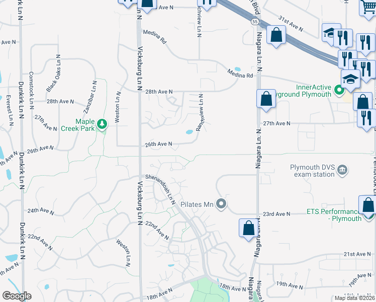 map of restaurants, bars, coffee shops, grocery stores, and more near 15535 26th Avenue North in Minneapolis