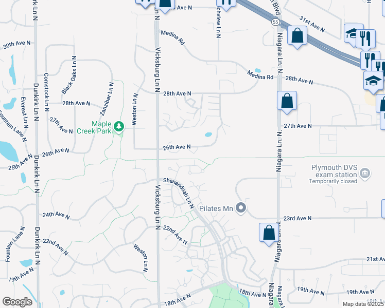 map of restaurants, bars, coffee shops, grocery stores, and more near 15640 25th Place North in Minneapolis