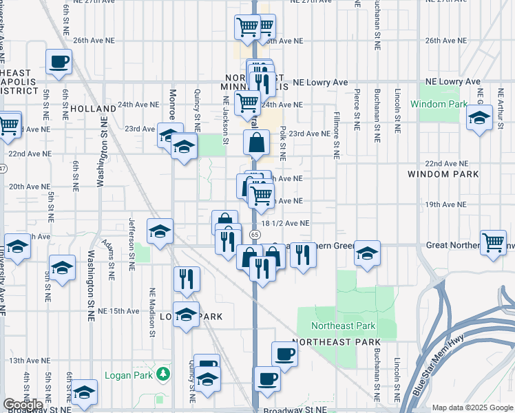 map of restaurants, bars, coffee shops, grocery stores, and more near 1842 Central Avenue Northeast in Minneapolis