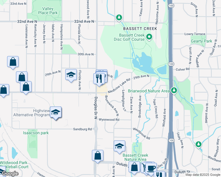 map of restaurants, bars, coffee shops, grocery stores, and more near 2701 Brunswick Avenue North in Crystal