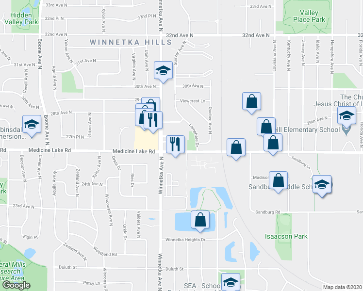 map of restaurants, bars, coffee shops, grocery stores, and more near 7700 Medicine Lake Road in New Hope