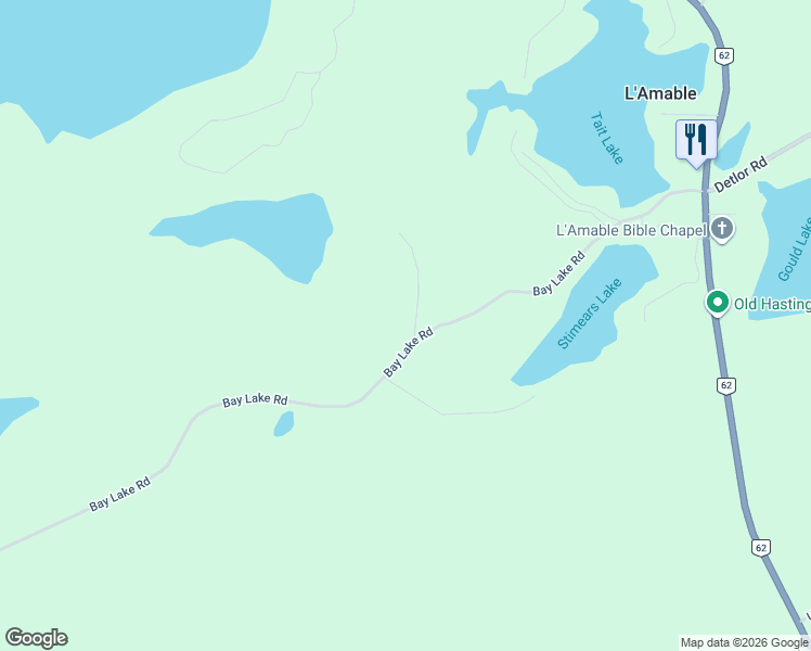 map of restaurants, bars, coffee shops, grocery stores, and more near Bay Lake Road in Harcourt