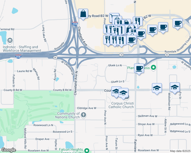 map of restaurants, bars, coffee shops, grocery stores, and more near 2230 Midland Grove Road in Roseville
