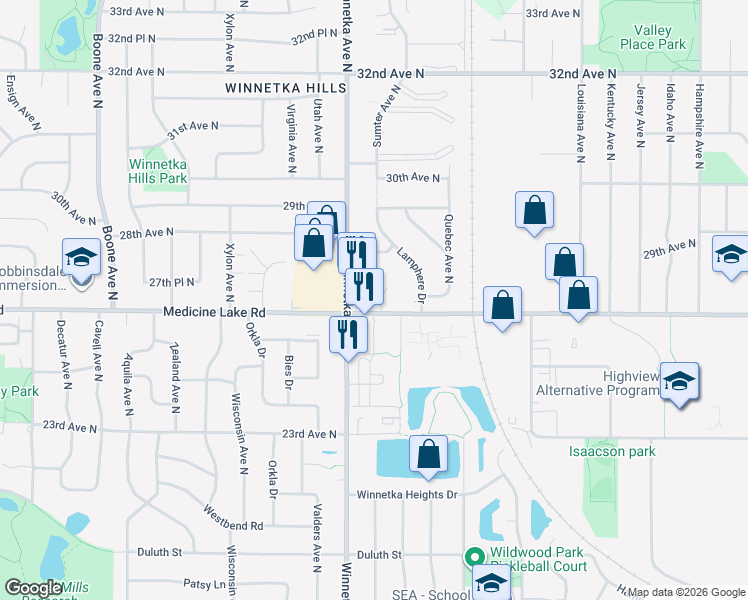 map of restaurants, bars, coffee shops, grocery stores, and more near 7800 Medicine Lake Road in New Hope