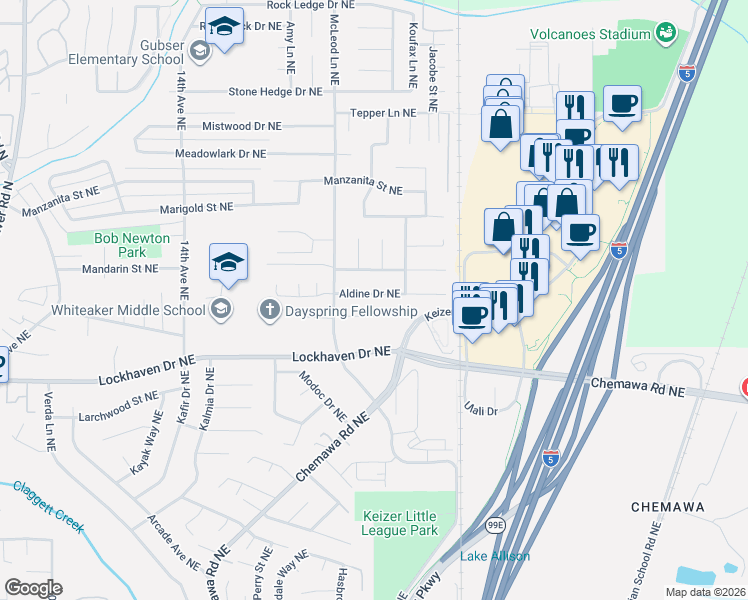 map of restaurants, bars, coffee shops, grocery stores, and more near 2168 Aldine Drive Northeast in Keizer