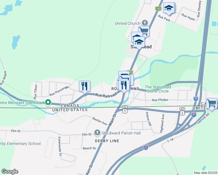 map of restaurants, bars, coffee shops, grocery stores, and more near 35 Rue Leroy Robinson in Stanstead