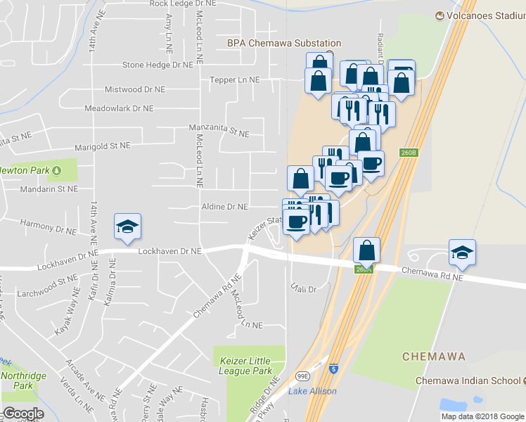 map of restaurants, bars, coffee shops, grocery stores, and more near 2368 Aldine Court Northeast in Keizer
