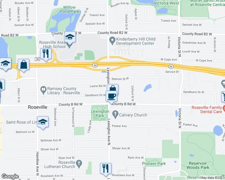 map of restaurants, bars, coffee shops, grocery stores, and more near 2192 Lexington Avenue North in Roseville