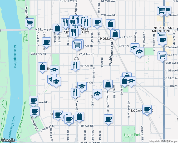 map of restaurants, bars, coffee shops, grocery stores, and more near 413 19th Avenue Northeast in Minneapolis