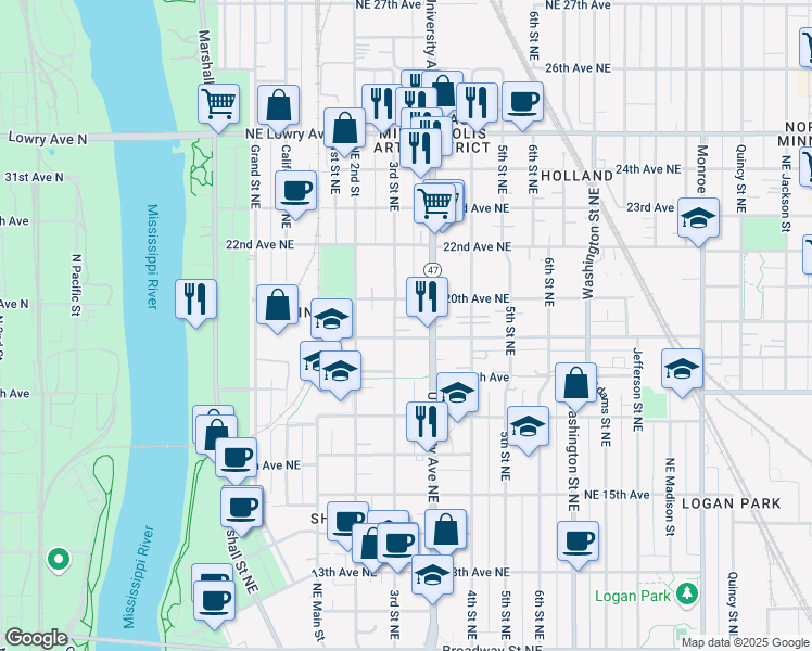 map of restaurants, bars, coffee shops, grocery stores, and more near 1901 3rd Street Northeast in Minneapolis