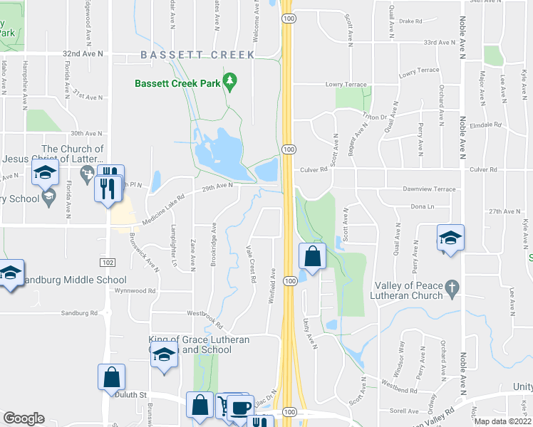 map of restaurants, bars, coffee shops, grocery stores, and more near 2712 Vale Crest Road in Minneapolis
