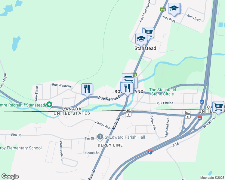 map of restaurants, bars, coffee shops, grocery stores, and more near 35 Rue Leroy Robinson in Stanstead