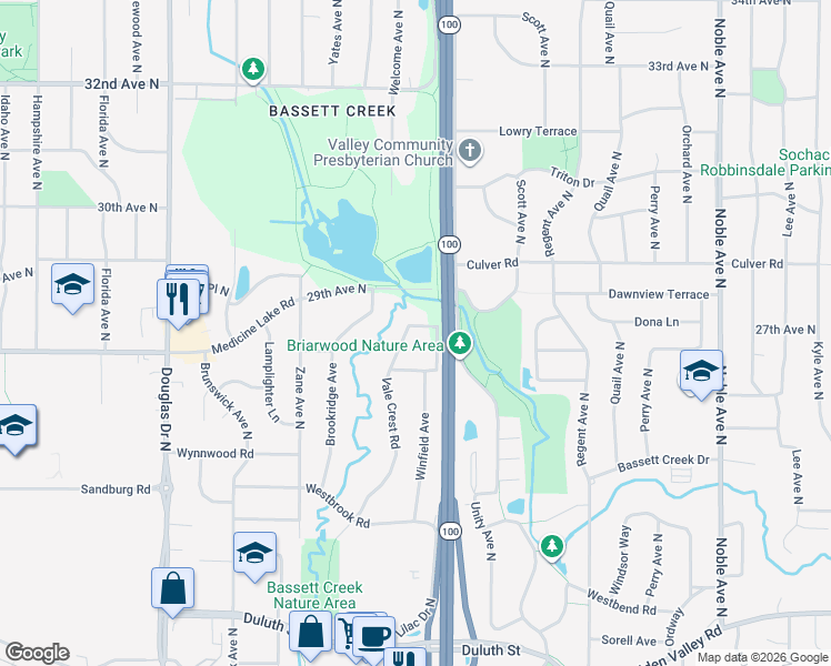 map of restaurants, bars, coffee shops, grocery stores, and more near 2712 Vale Crest Road in Minneapolis
