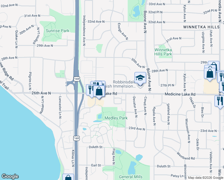 map of restaurants, bars, coffee shops, grocery stores, and more near 9202 Medicine Lake Road in Golden Valley