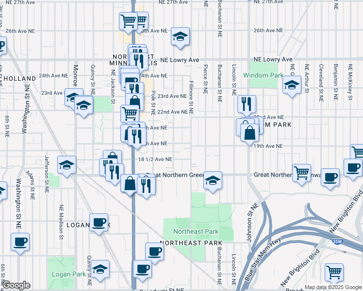 map of restaurants, bars, coffee shops, grocery stores, and more near 1112 19th Avenue Northeast in Minneapolis