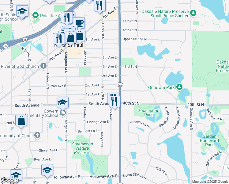 map of restaurants, bars, coffee shops, grocery stores, and more near 2723 1st Avenue East in North Saint Paul
