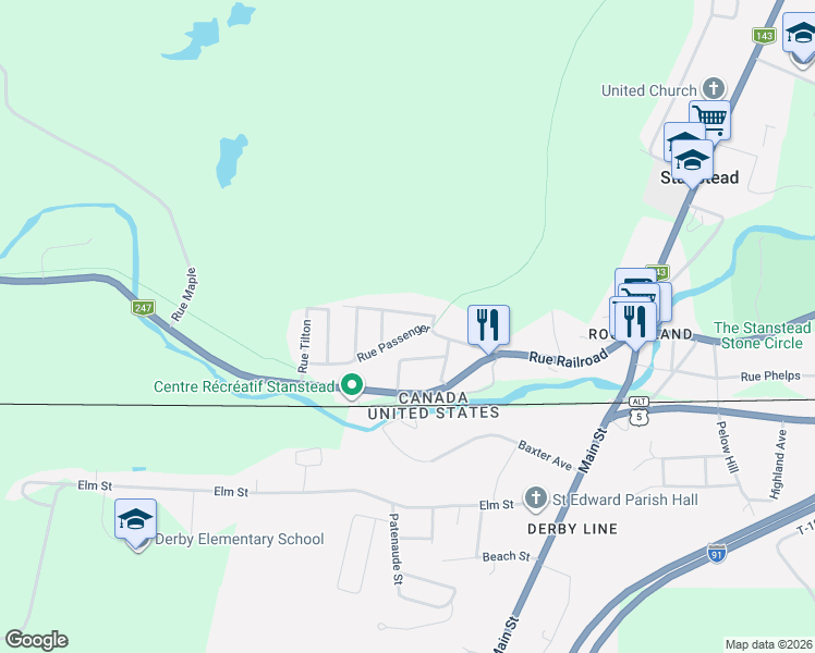 map of restaurants, bars, coffee shops, grocery stores, and more near 169 Rue Passenger in Stanstead