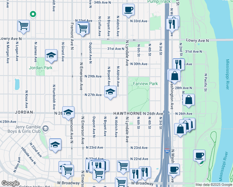 map of restaurants, bars, coffee shops, grocery stores, and more near in Minneapolis